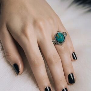 Sterling Silver and Gold Tone Accent Large Oval Size 7 Turquoise Ring